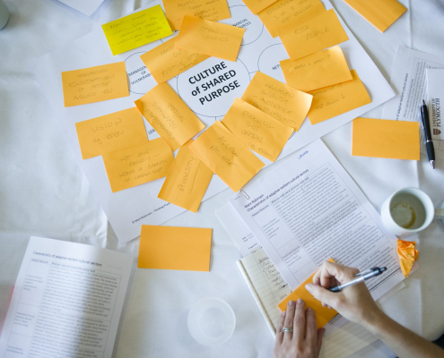 Yellow post-it notes on a piece of paper which reads 'Culture of Shared Purpose'.
