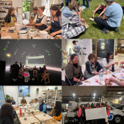 A compilation of images of people at workshops, exhibitions and events in a variety of settings